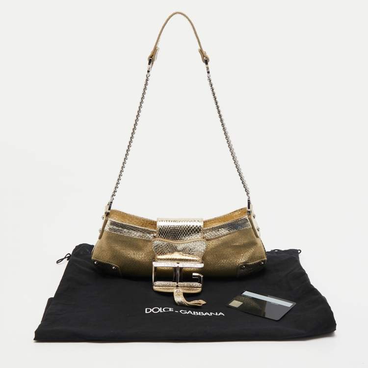 Pre Owned Dolce & Gabbana Gold Snakeskin Glossy Leather and Fabric DG Logo Baguette Bag