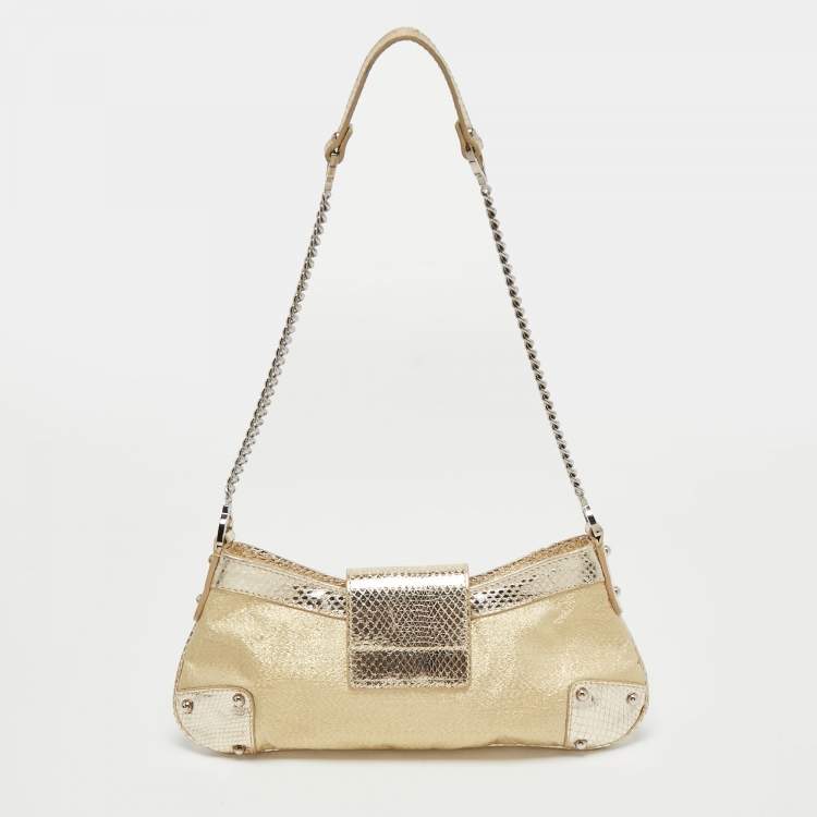 Pre Owned Dolce & Gabbana Gold Snakeskin Glossy Leather and Fabric DG Logo Baguette Bag