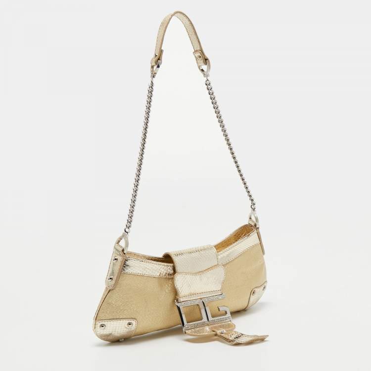Pre Owned Dolce & Gabbana Gold Snakeskin Glossy Leather and Fabric DG Logo Baguette Bag