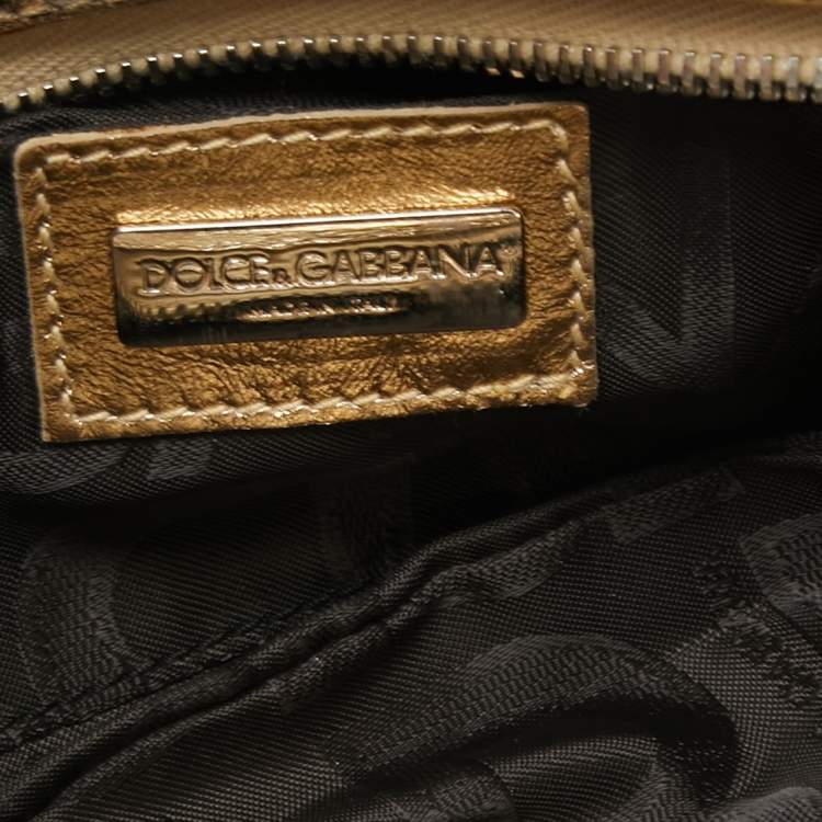 Pre Owned Dolce & Gabbana Gold Snakeskin Glossy Leather and Fabric DG Logo Baguette Bag