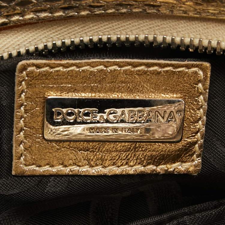 Pre Owned Dolce & Gabbana Gold Snakeskin Glossy Leather and Fabric DG Logo Baguette Bag