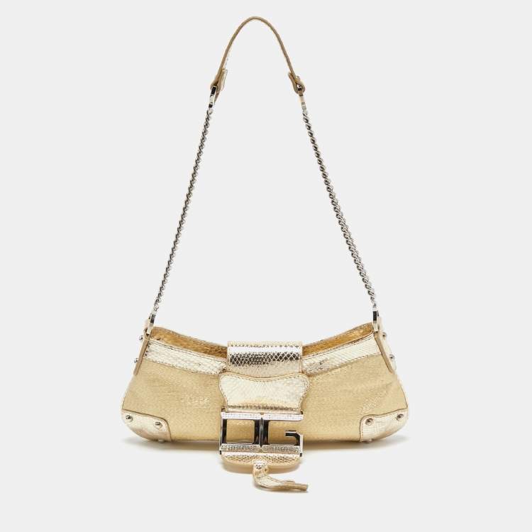 Pre Owned Dolce & Gabbana Gold Snakeskin Glossy Leather and Fabric DG Logo Baguette Bag