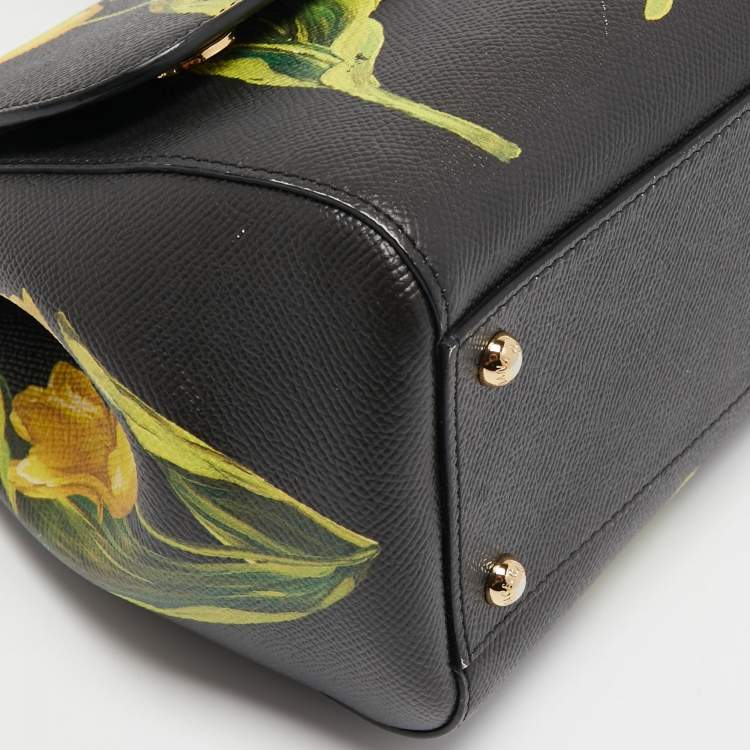 Pre Owned Dolce & Gabbana Black/Yellow Floral Print Leather Medium Miss Sicily Top Handle Bag