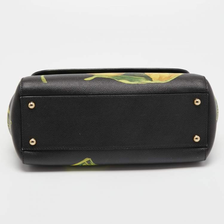 Pre Owned Dolce & Gabbana Black/Yellow Floral Print Leather Medium Miss Sicily Top Handle Bag