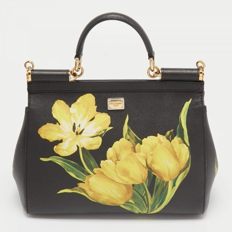 Pre Owned Dolce & Gabbana Black/Yellow Floral Print Leather Medium Miss Sicily Top Handle Bag