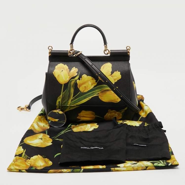 Pre Owned Dolce & Gabbana Black/Yellow Floral Print Leather Medium Miss Sicily Top Handle Bag
