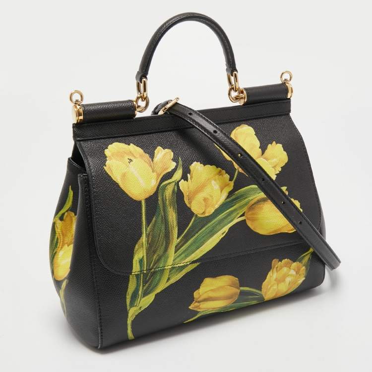 Pre Owned Dolce & Gabbana Black/Yellow Floral Print Leather Medium Miss Sicily Top Handle Bag