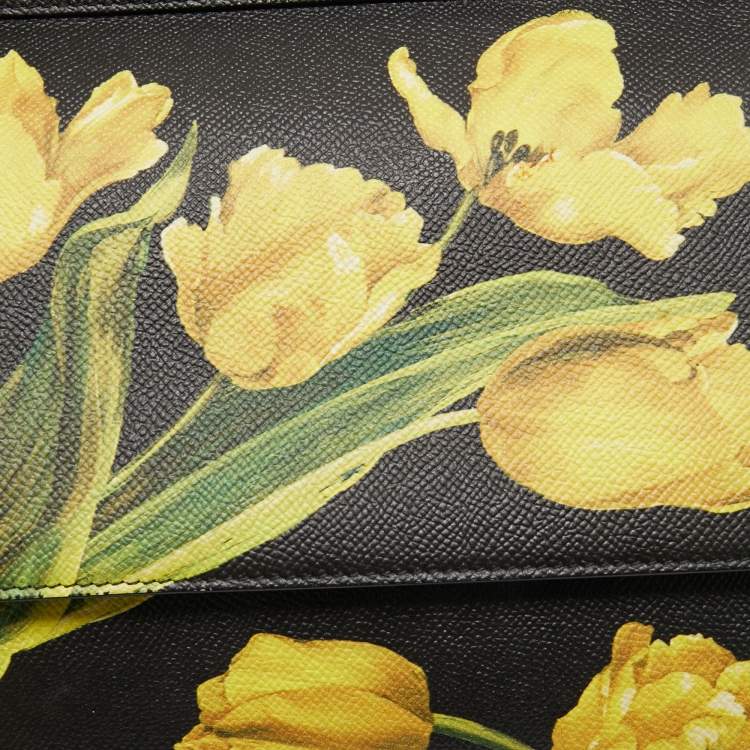 Pre Owned Dolce & Gabbana Black/Yellow Floral Print Leather Medium Miss Sicily Top Handle Bag