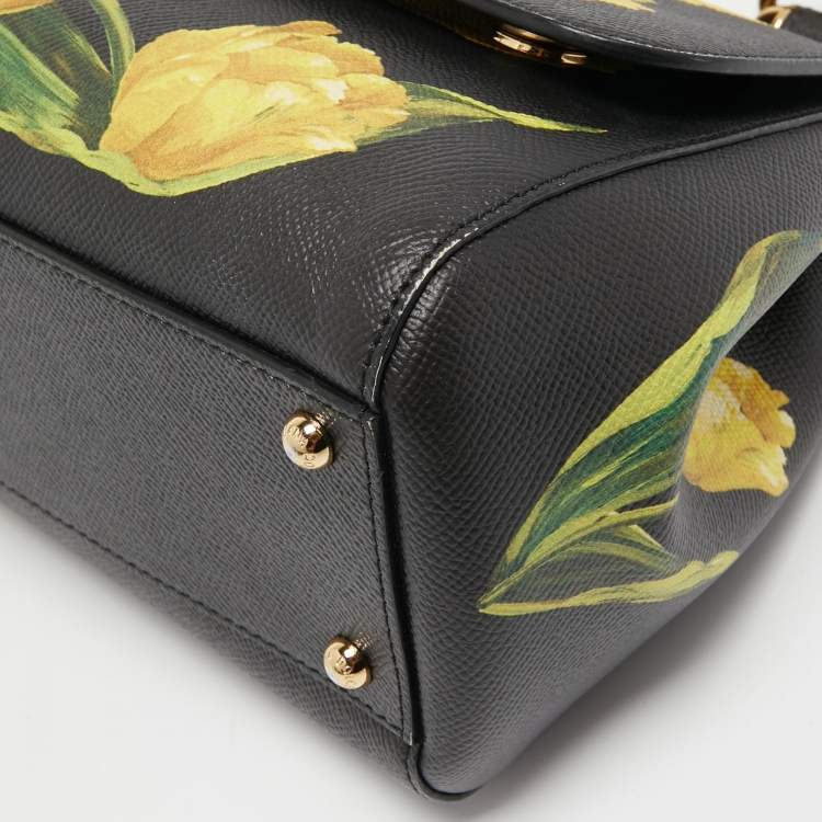 Pre Owned Dolce & Gabbana Black/Yellow Floral Print Leather Medium Miss Sicily Top Handle Bag