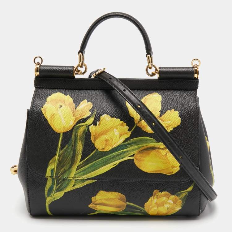 Pre Owned Dolce & Gabbana Black/Yellow Floral Print Leather Medium Miss Sicily Top Handle Bag