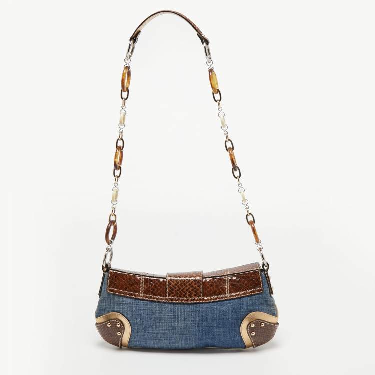 Pre Owned Dolce & Gabbana Brown/Blue Denim and Snakeskin D Ring Flap Shoulder Bag
