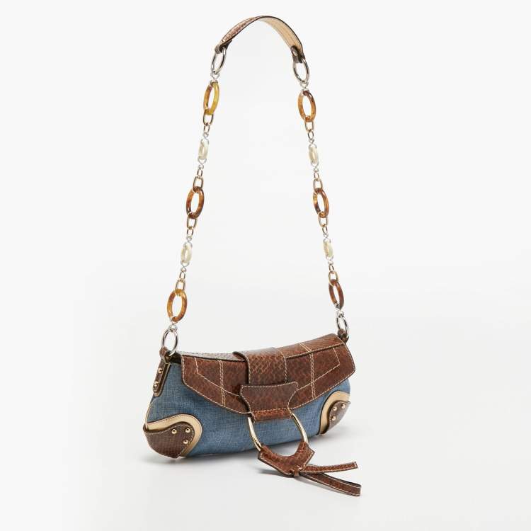 Pre Owned Dolce & Gabbana Brown/Blue Denim and Snakeskin D Ring Flap Shoulder Bag