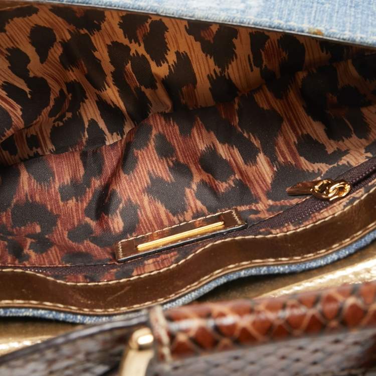 Pre Owned Dolce & Gabbana Brown/Blue Denim and Snakeskin D Ring Flap Shoulder Bag