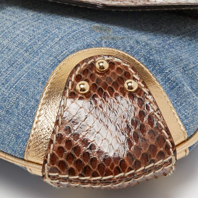 Pre Owned Dolce & Gabbana Brown/Blue Denim and Snakeskin D Ring Flap Shoulder Bag
