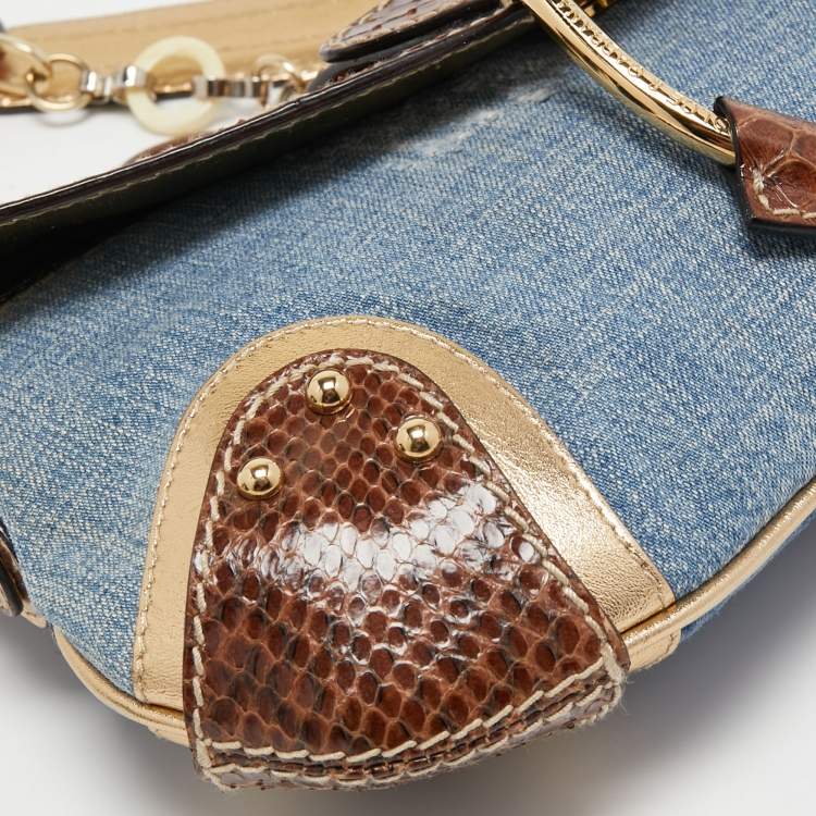 Pre Owned Dolce & Gabbana Brown/Blue Denim and Snakeskin D Ring Flap Shoulder Bag