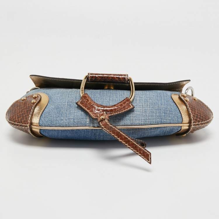 Pre Owned Dolce & Gabbana Brown/Blue Denim and Snakeskin D Ring Flap Shoulder Bag