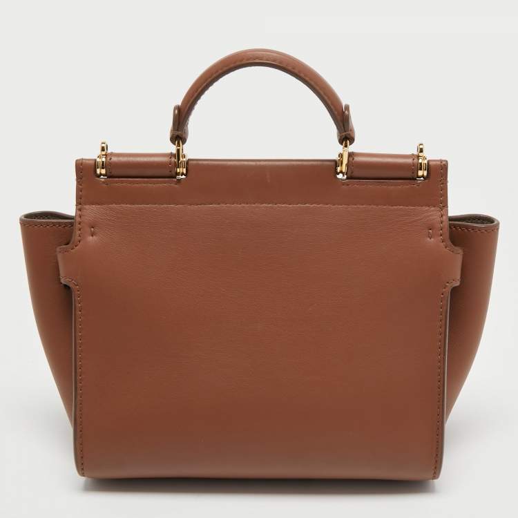 Pre Owned Dolce & Gabbana Brown Leather Small Sicily 62 Top Handle Bag