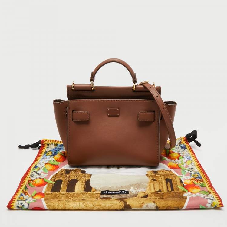 Pre Owned Dolce & Gabbana Brown Leather Small Sicily 62 Top Handle Bag