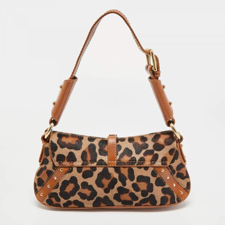 مملوكة مسبقًا Dolce & Gabbana Brown/Beige Leopard Print Calfhair and Leather Flap Baguette Bag