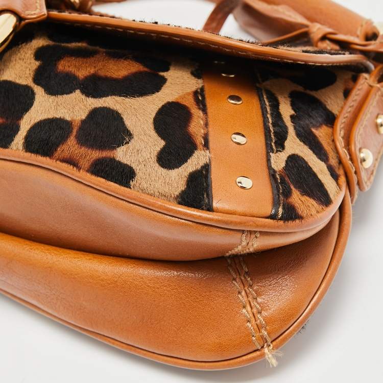 مملوكة مسبقًا Dolce & Gabbana Brown/Beige Leopard Print Calfhair and Leather Flap Baguette Bag