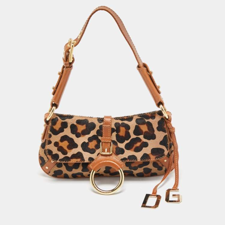 مملوكة مسبقًا Dolce & Gabbana Brown/Beige Leopard Print Calfhair and Leather Flap Baguette Bag