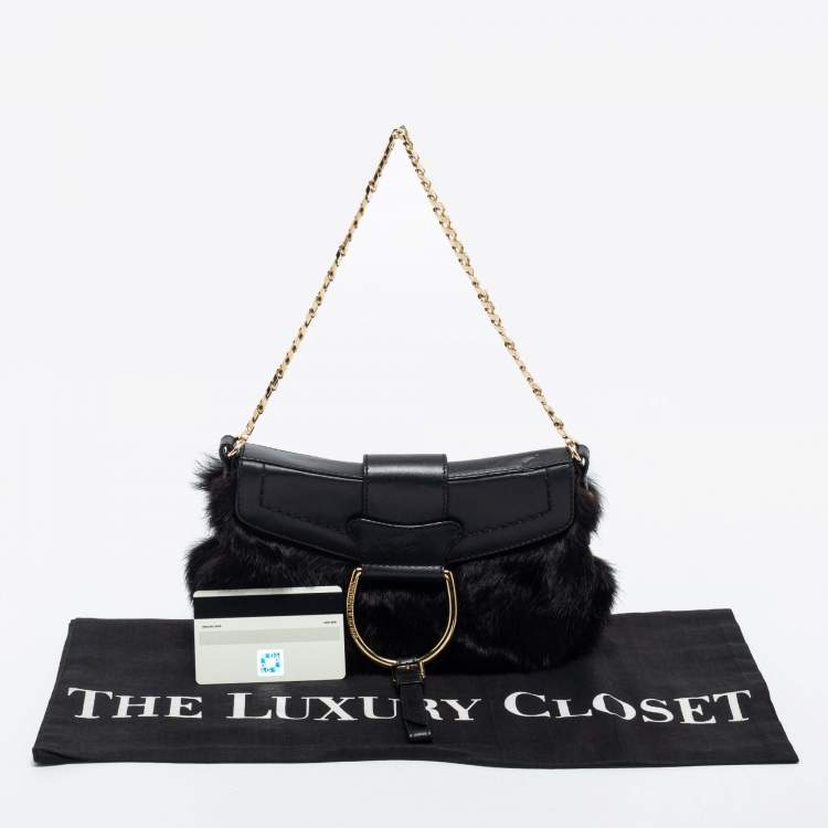 Pre Owned Dolce & Gabbana Black Mink Fur and Leather D Ring Flap Pochette Bag