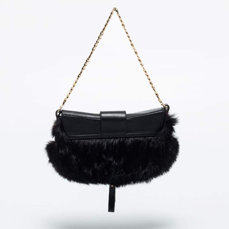 Pre Owned Dolce & Gabbana Black Mink Fur and Leather D Ring Flap Pochette Bag