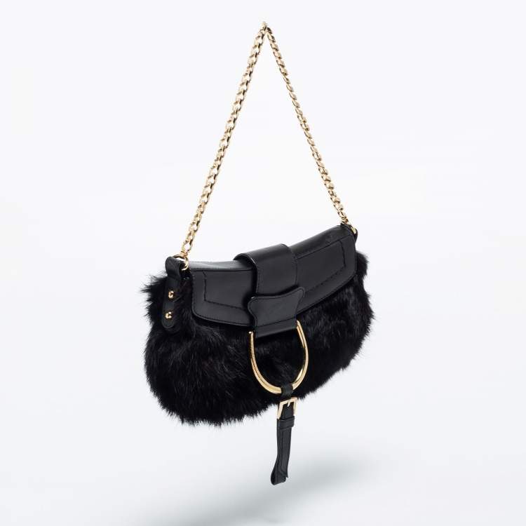Pre Owned Dolce & Gabbana Black Mink Fur and Leather D Ring Flap Pochette Bag