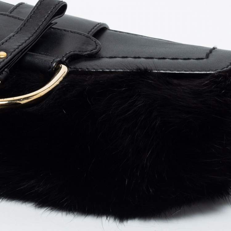 Pre Owned Dolce & Gabbana Black Mink Fur and Leather D Ring Flap Pochette Bag