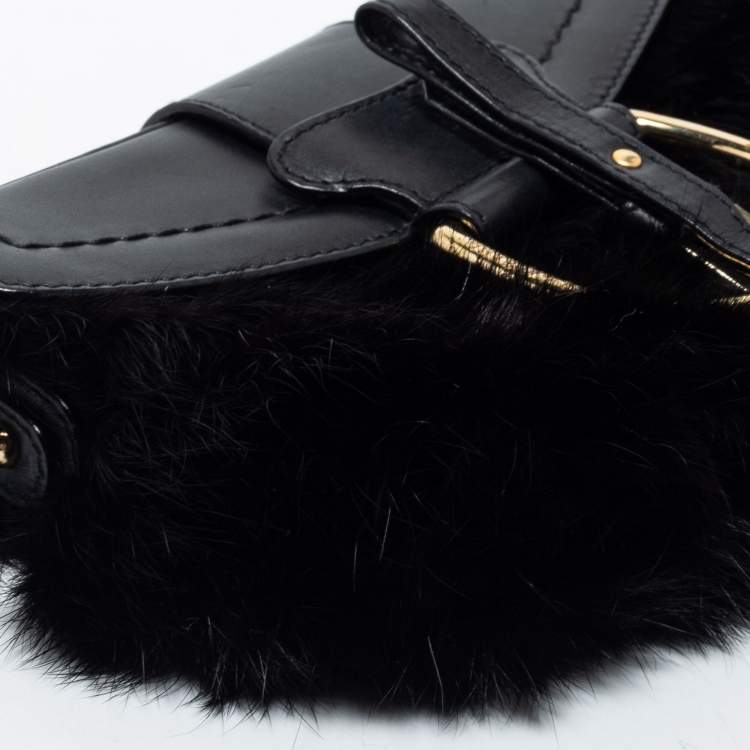 Pre Owned Dolce & Gabbana Black Mink Fur and Leather D Ring Flap Pochette Bag