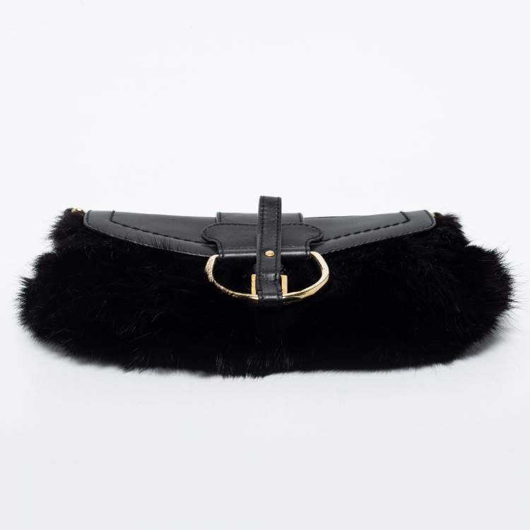 Pre Owned Dolce & Gabbana Black Mink Fur and Leather D Ring Flap Pochette Bag