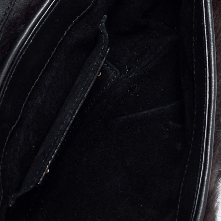 Pre Owned Dolce & Gabbana Black Mink Fur and Leather D Ring Flap Pochette Bag