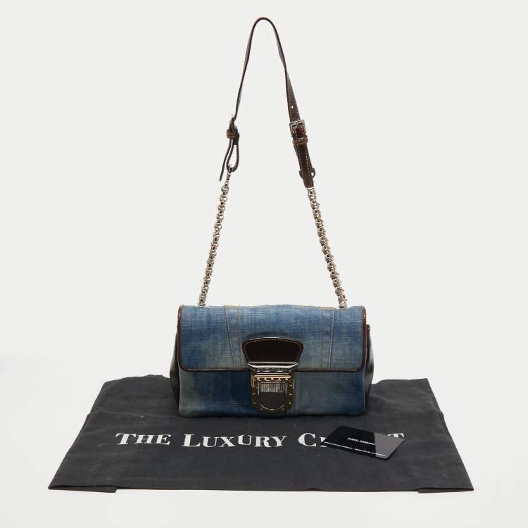 Pre Owned Dolce & Gabbana Blue/Brown Denim and Leather Pushlock Flap Shoulder Bag