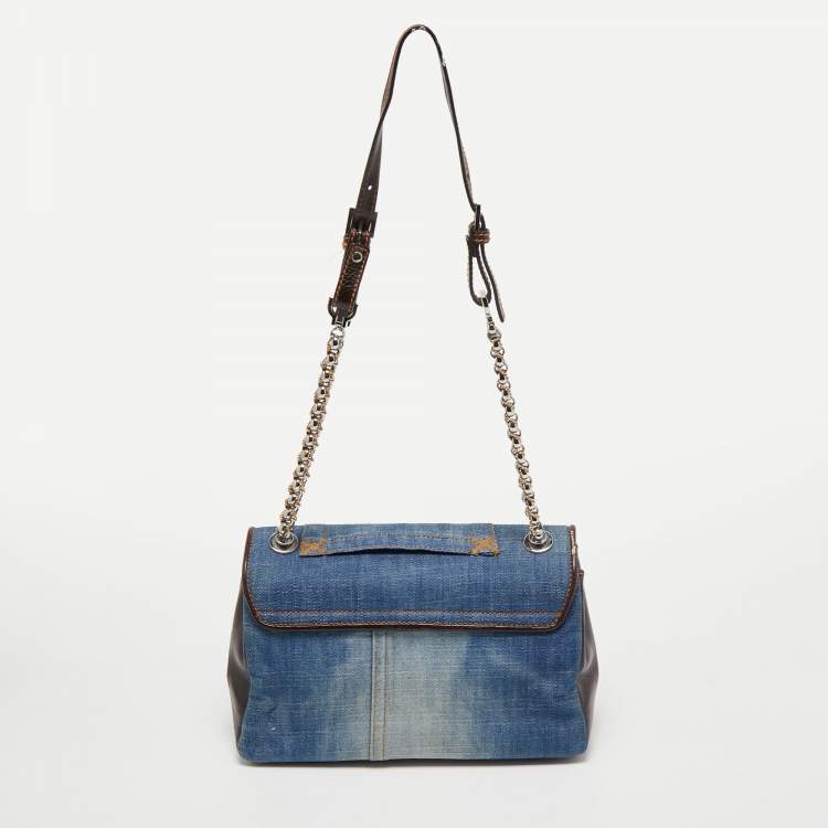 Pre Owned Dolce & Gabbana Blue/Brown Denim and Leather Pushlock Flap Shoulder Bag