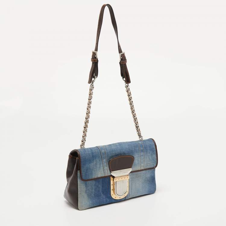 Pre Owned Dolce & Gabbana Blue/Brown Denim and Leather Pushlock Flap Shoulder Bag