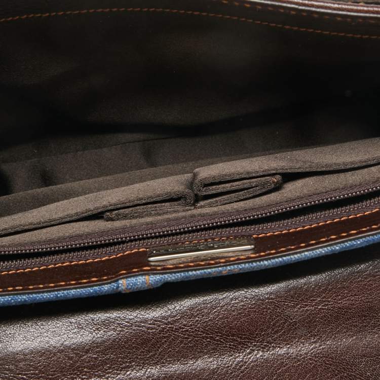 Pre Owned Dolce & Gabbana Blue/Brown Denim and Leather Pushlock Flap Shoulder Bag