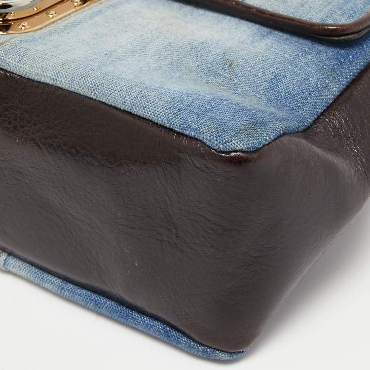 Pre Owned Dolce & Gabbana Blue/Brown Denim and Leather Pushlock Flap Shoulder Bag