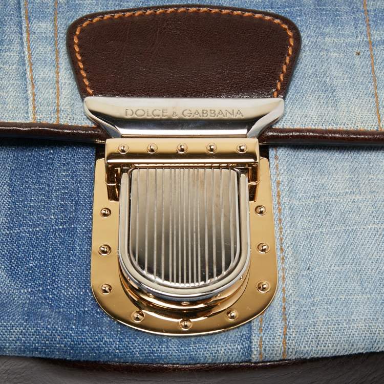 Pre Owned Dolce & Gabbana Blue/Brown Denim and Leather Pushlock Flap Shoulder Bag