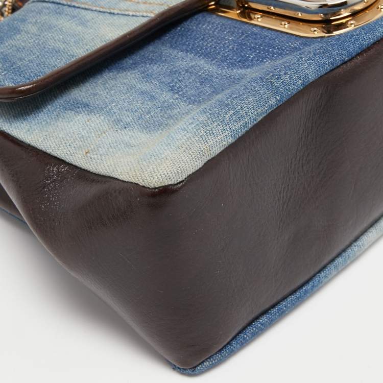 Pre Owned Dolce & Gabbana Blue/Brown Denim and Leather Pushlock Flap Shoulder Bag