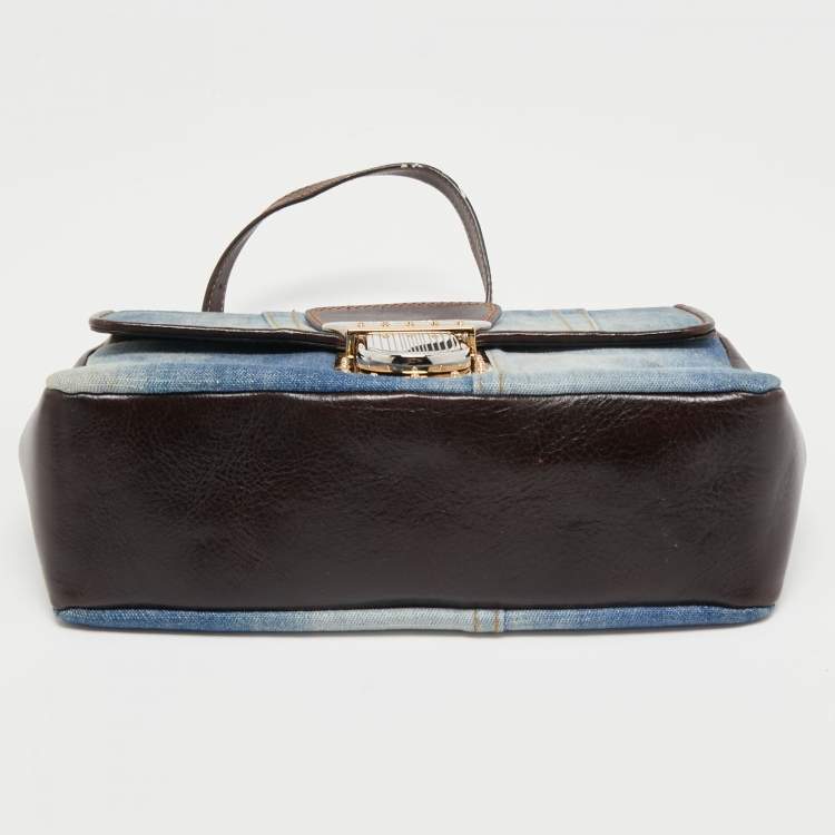 Pre Owned Dolce & Gabbana Blue/Brown Denim and Leather Pushlock Flap Shoulder Bag