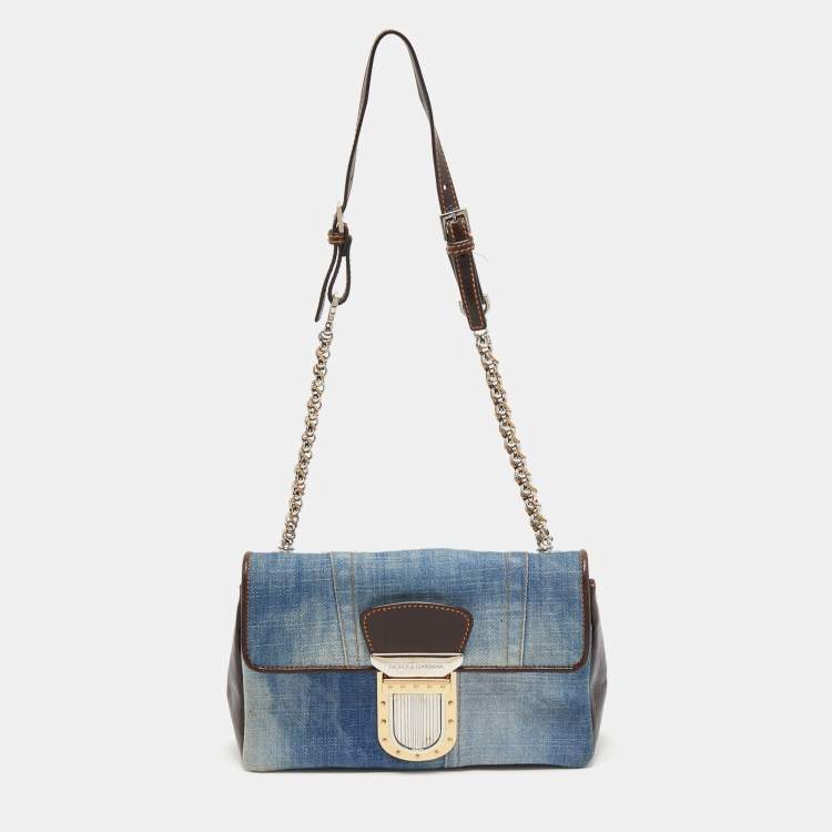 Pre Owned Dolce & Gabbana Blue/Brown Denim and Leather Pushlock Flap Shoulder Bag