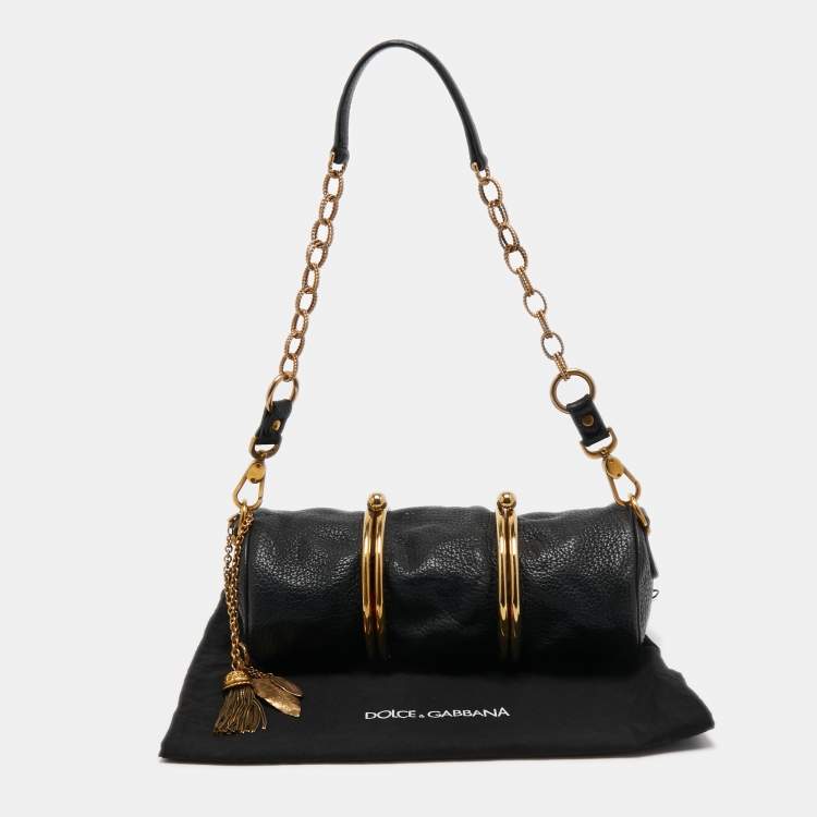 مملوكة مسبقًا Dolce & Gabbana Black Pebbled Leather Double Kiss Lock Shoulder Bag