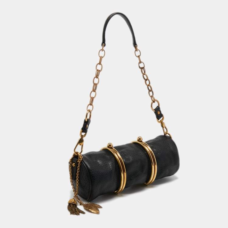 مملوكة مسبقًا Dolce & Gabbana Black Pebbled Leather Double Kiss Lock Shoulder Bag