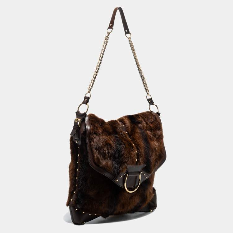 Pre Owned Dolce and Gabbana Brown Leather and Mink Fur D Ring Studded Shoulder Bag