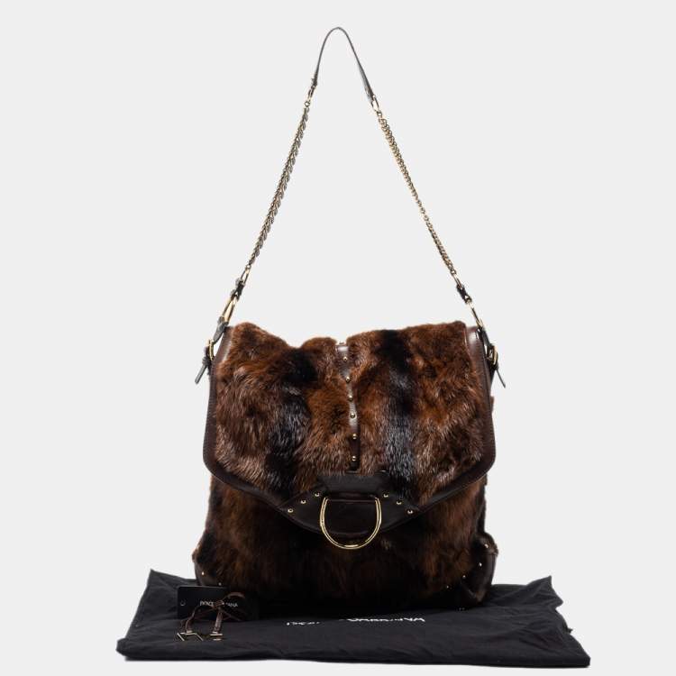 Pre Owned Dolce and Gabbana Brown Leather and Mink Fur D Ring Studded Shoulder Bag