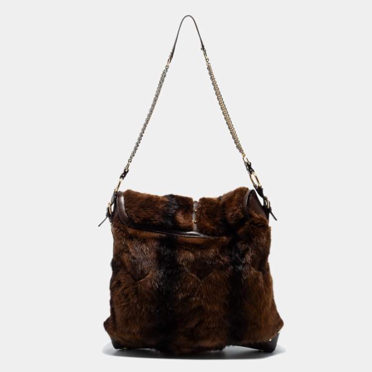 Pre Owned Dolce and Gabbana Brown Leather and Mink Fur D Ring Studded Shoulder Bag