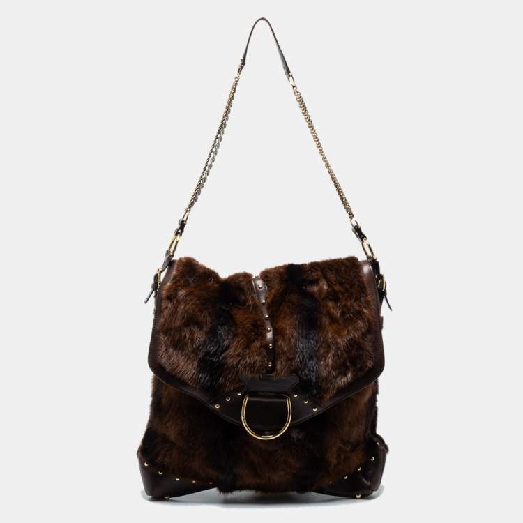 Pre Owned Dolce and Gabbana Brown Leather and Mink Fur D Ring Studded Shoulder Bag