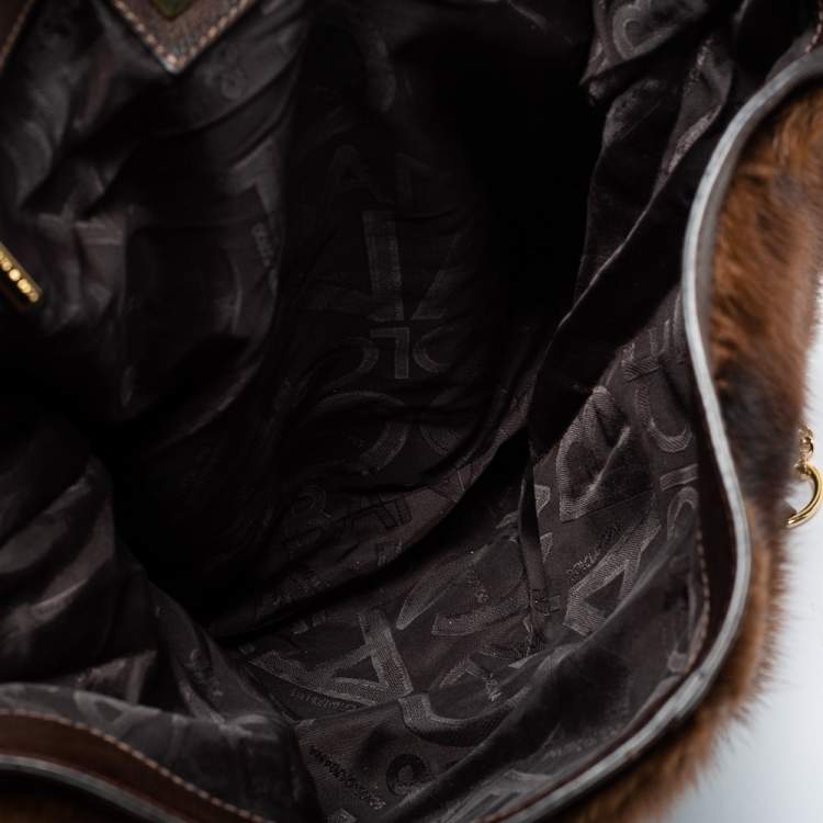 Pre Owned Dolce and Gabbana Brown Leather and Mink Fur D Ring Studded Shoulder Bag