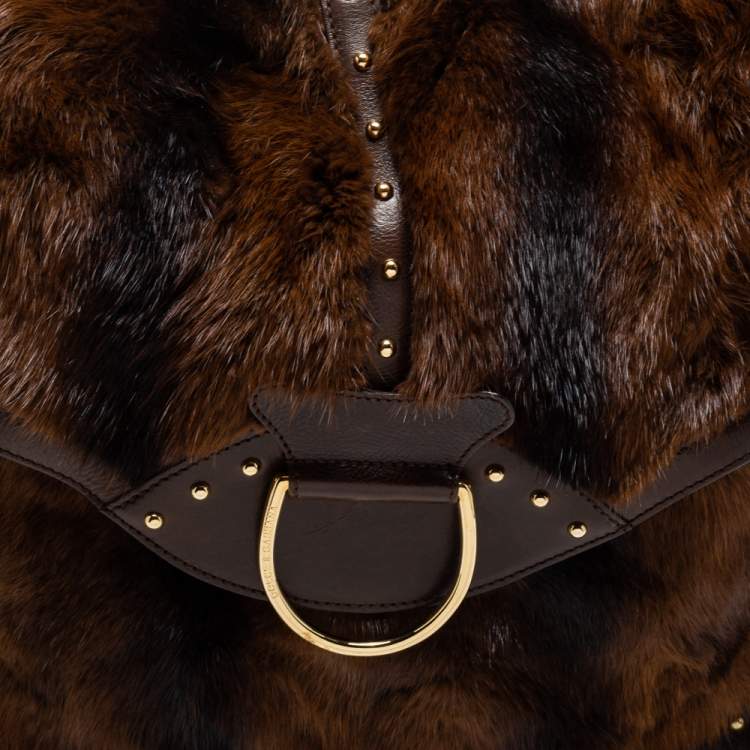 Pre Owned Dolce and Gabbana Brown Leather and Mink Fur D Ring Studded Shoulder Bag