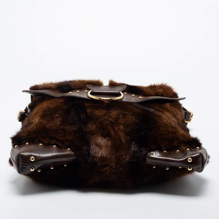 Pre Owned Dolce and Gabbana Brown Leather and Mink Fur D Ring Studded Shoulder Bag
